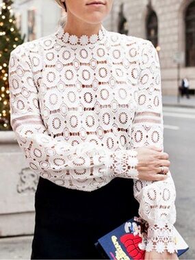 Self-Portrait White Floral Lace Long-sleeve Blouse, US 2/UK 6